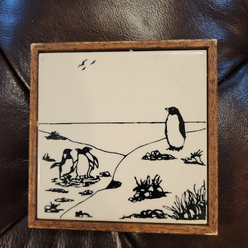 Vtg Art Tile Trivet Penguins Wood Trim Ceramic Hand Painted Sierra Windsong